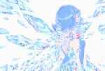  1girl adapted_costume bare_shoulders blue_hair blue_theme blue_wings cirno closed_eyes covered_mouth cryokinesis crystal english_commentary from_behind grey_background highres ice ice_crystal ice_wings loftyanchor no_lineart pixel_art short_hair sleeveless solo touhou u_u upper_body wings 