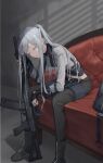  1girl absurdres ak-12 ak-12_(girls&#039;_frontline) assault_rifle black_gloves black_pants boots closed_eyes commentary_request couch elbow_on_knee expressionless foot_out_of_frame girls_frontline gloves grey_hair grey_shirt gun highres holding holding_gun holding_weapon indoors kalashnikov_rifle leaning_forward long_hair long_sleeves midriff pants partially_fingerless_gloves ponytail rifle senkou_(dwrp3257) shirt sidelocks sitting solo weapon 