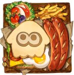  apple apple_rabbit apple_slice blueberry bread cheese cherry_tomato commentary egg_(food) english_commentary food food_art french_fries fried_egg fruit gam_(99jellys) lettuce napkin no_humans sandwich sausage simple_background splatoon_(series) splatoon_3 still_life tomato tomato_slice toothpick tray white_background 