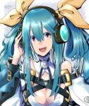 1girl adjusting_earphones blue_hair bow breasts detached_collar detached_sleeves dizzy_(guilty_gear) guilty_gear guilty_gear_xrd hair_bow hair_rings highres large_breasts listening_to_music long_hair long_sleeves looking_at_viewer mariebell open_mouth red_eyes ribbon twintails wide_sleeves yellow_ribbon