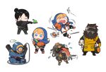  &gt;_&lt; 1other 2boys 2girls ambiguous_gender animification apex_legends black_bodysuit black_footwear black_hair blonde_hair bloodhound_(apex_legends) blue_bodysuit blue_eyes blush bodysuit bowwow_(hamju94) brown_hair cable caustic_(apex_legends) chibi creature crying frying_pan gas_mask gas_tank glint gloves goggles grey_eyes hack_(apex_legends) hair_bun hair_slicked_back hazmat_suit head_tilt helmet highres holding holding_frying_pan hood hooded_bodysuit humanoid_robot leaning_back mask multiple_boys multiple_girls nessie_(respawn) one_eye_closed open_mouth orange_eyes pathfinder_(apex_legends) prowler_(titanfall) rebreather ribbed_bodysuit robot single_hair_bun sitting slipping wattson_(apex_legends) white_bodysuit wraith_(apex_legends) yellow_gloves 