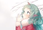  1girl animal_ears clip_studio_paint_(medium) commentary_request curly_hair from_side fur-trimmed_jacket fur_trim green_eyes green_hair highres horns jacket komano_aunn long_hair long_sleeves mokokiyo_(asaddr) open_mouth own_hands_together pointy_ears red_jacket single_horn solo touhou upper_body 