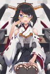  1girl absurdres adjusting_eyewear black_hair black_hakama black_skirt detached_sleeves fujiyama_ichiha glasses green-framed_eyewear hairband hakama hakama_skirt headgear highres japanese_clothes kantai_collection kirishima_(kancolle) kirishima_kai_ni_(kancolle) looking_at_viewer ribbon-trimmed_sleeves ribbon_trim seiza short_hair sitting skirt solo 