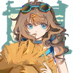  1girl aqua_background bare_shoulders blue_choker blue_eyes border brown_hair choker commentary_request eyewear_on_head facing_viewer hair_ornament hairclip hand_up hat highres holding holding_hat holding_unworn_clothes long_hair looking_to_the_side marcus_(on_the_white_sand)_(reverse:1999) marcus_(reverse:1999) official_alternate_costume outside_border reverse:1999 san_sui_dingshang_ya solo straw_hat sunglasses unworn_hat unworn_headwear upper_body white_border 