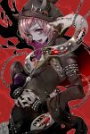  1boy black_hoodie blue_eyes demon_boy demon_horns demon_mangu hood hood_up hoodie horns long_sleeves looking_at_viewer male_focus mamaloni open_mouth pink_hair red_background red_nails short_hair show_by_rock!! smile snake solo white_snake 