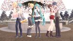 3boys 3girls blonde_hair brown_hair carrying_person couples dark_blue_hair female hatsune_miku hatsune_mikuo kagamine_len kagamine_rin kaito_(vocaloid) male meiko_(vocaloid3) teal_hair vocaloid