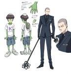  2boys absurdres black_gloves black_suit brown_hair closed_mouth ear_piercing eyebrow_piercing formal gloves highres holding holding_weapon jacket kappa long_sleeves multiple_boys murata_yuusuke original pants piercing reference_sheet serious shirt shoes short_hair short_sleeves shorts sketch socks suit translation_request very_short_hair weapon webbed_hands white_shirt 