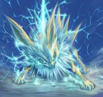  absurdres angry animal_focus artist_name blue_background commentary_request dated_commentary electricity full_body fur_collar green_eyes highres jolteon looking_at_viewer no_humans pokemon pokemon_(creature) signature simple_background solo standing tamanosuke 