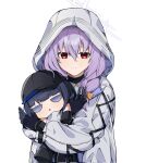  1girl atsuko_(blue_archive) bangs black_gloves blue_archive bow braid character_doll commentary doll_hug gloves hair_between_eyes hair_bow hair_ribbon highres hood hooded_coat hoodie long_hair long_sleeves looking_at_viewer object_hug okaarii purple_hair red_eyes ribbon saori_(blue_archive) sidelocks simple_background smile solo turtleneck twin_braids two-tone_gloves white_background white_hoodie 