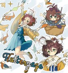  1girl :d absurdres ahoge arm_up arms_up bangs_blown_up blue_dress blue_eyes blue_scarf blue_skirt blue_vest bow brown_footwear brown_hair brown_jacket character_name chibi chibi_inset clothesline dress flutterpage full_body hair_bow highres holding holding_rod holding_rope in_basket jacket laundry_basket leg_up loafers looking_at_viewer medium_skirt multiple_views orange_scarf origami paper_crane reverse:1999 rope scarf shirt shoes short_hair simple_bird skirt smile socks standing standing_on_one_leg two-tone_scarf upper_body vest white_bow white_shirt white_socks xiao_xiazi 