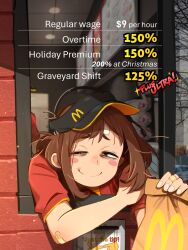  1girl absurdres bags_under_eyes bandaid bandaid_on_arm bandaid_on_finger black_visor blush_stickers boku_no_hero_academia brown_eyes brown_hair closed_mouth drive-thru english_text fingernails flipped_hair half-closed_eyes highres khyle. long_hair looking_at_viewer mcdonald&#039;s red_shirt shirt short_eyebrows short_sleeves smile solo solo_focus split_mouth straight_hair upper_body uraraka_ochaco 