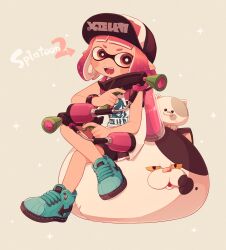  1girl baseball_cap black_hat black_shorts blue_footwear blush_stickers character_pillow commentary_request copyright_name dual_wielding fangs figure_four_sitting full_body grey_background hat high_tops holding holding_weapon ink_tank_(splatoon) inkling inkling_girl inkling_player_character judd_(splatoon) li'l_judd_(splatoon) ma-to medium_hair miniskirt on_pillow open_mouth pink_eyes pink_hair pointy_ears purple_skirt shoes shorts shorts_under_skirt simple_background sitting skirt smile sneakers solo splat_dualies_(splatoon) splatoon_(series) splatoon_2 tank_top tentacle_hair weapon white_tank_top 