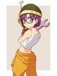  1girl blue_eyes bluearcadegames brown_gloves chrono_trigger closed_mouth glasses gloves helmet highres holding holding_wrench looking_at_viewer lucca_ashtear purple_hair short_hair solo sweat wrench 