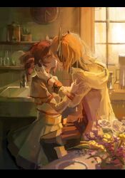  2girls a.i._voice adachi_rei ahoge black_footwear black_skirt black_sleeve_cuffs black_thighhighs blush clock coffee_maker curtains day drill_hair flower gloves grey_jacket grey_skirt hair_between_eyes hair_ribbon headlamp highres hood hooded_jacket imminent_kiss indoors jacket kasane_teto kasane_teto_(sv) layered_sleeves long_sleeves mao206327 medium_skirt midriff_peek multiple_girls orange_hair pink_flower plant plate potted_plant radio_antenna red_eyes red_trim redhead ribbon sink sitting skirt sleeve_cuffs sleeves_past_elbows synthesizer_v table thigh-highs twin_drills utau white_gloves white_jacket white_ribbon window yellow_flower yuri 