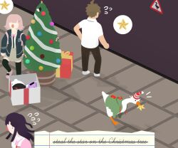  1boy 2girls :o ahoge animal bird black_shirt brown_hair brown_pants brown_thighhighs christmas_tree clothed_animal danganronpa_(series) danganronpa_2:_goodbye_despair goose hat hinata_hajime jacket kmnm_1403 komaeda_nagito monokuma multiple_girls nanami_chiaki neck_ribbon open_clothes open_jacket pants pink_footwear pink_ribbon ribbon santa_hat shirt short_hair short_sleeves spaceship_hair_ornament spoken_star star_(symbol) thigh-highs tsumiki_mikan two-tone_shirt untitled_goose_game white_shirt 