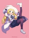  1girl :d arms_up bangs bede_(champion)_(pokemon) bede_(pokemon) bede_(pokemon)_(cosplay) blonde_hair blush boots braid coat commentary_request cosplay eyelashes frilled_shorts frills green_eyes hat highres kinocopro lillie_(pokemon) long_hair long_sleeves open_mouth pantyhose pink_background pokemon pokemon_(game) pokemon_masters_ex pokemon_sm shorts smile solo twin_braids twitter_username watermark white_coat white_footwear white_headwear witch_hat 