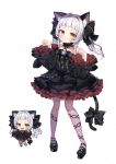  1girl animal_ear_fluff animal_ears arms_up bangs black_dress black_footwear blunt_bangs blush brown_eyes cat_ears cat_girl cat_tail chibi chibi_inset commentary dress frilled_dress frills full_body grey_pantyhose highres hololive long_hair murasaki_shion noi_mine pantyhose paw_pose ribbon shoes simple_background smile solo tail tail_ornament tail_ribbon twintails virtual_youtuber white_background white_hair 