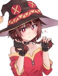  1girl absurdres bangs bare_shoulders black_gloves black_thighhighs blush breasts brown_hair creates_blue_(megufan) dress fingerless_gloves gloves hair_between_eyes highres kono_subarashii_sekai_ni_shukufuku_wo! long_sleeves megumin off-shoulder_dress off_shoulder red_dress red_eyes short_dress short_hair short_hair_with_long_locks sidelocks signature small_breasts solo thigh-highs 