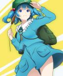  1girl backpack bag blue_eyes blue_hair blue_jacket blue_skirt green_headwear hair_ornament highres holding jacket kawashiro_nitori kisaragi_koushi legs long_sleeves pocket shirt skirt smile solo touhou white_shirt yellow_background 