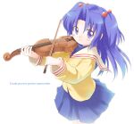  1girl bangs blue_hair blue_shirt blue_skirt blush bow_(music) breasts cardigan clannad closed_mouth commentary_request cowboy_shot emurin french_text hair_bobbles hair_ornament hikarizaka_private_high_school_uniform ichinose_kotomi instrument long_hair long_sleeves looking_at_viewer parted_bangs school_uniform serafuku shirt simple_background skirt small_breasts smile solo two_side_up violet_eyes violin white_background yellow_cardigan 