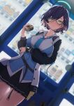  1girl absurdres blue_archive blue_cardigan blue_hair blue_necktie breasts can canned_coffee cardigan chihiro_(blue_archive) dutch_angle glasses green_eyes highres jacket large_breasts necktie pleated_skirt skirt umibudou vending_machine watch watch 