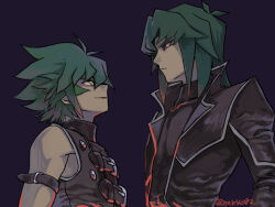  2boys arm_belt black_coat black_jacket black_shorts closed_mouth coat green_hair jacket johan_andersen looking_at_another male_focus marufuji_ryo moiko multiple_boys purple_background shirt short_hair shorts sleeveless sleeveless_jacket turtleneck turtleneck_shirt twitter_username yellow_eyes yu-gi-oh! yu-gi-oh!_gx 