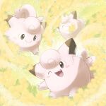  black_eyes clefairy closed_eyes closed_mouth fang floral_background flower full_body hand_up happy highres holding holding_flower no_humans one_eye_closed open_mouth pokemon pokemon_(creature) sasabunecafe smile tail tongue twitter_username wings 