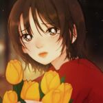  1girl absurdres album_cover bangs blurry blurry_background brown_hair cover flower from_side frown highres leaning_forward looking_at_viewer official_art oooo_(ornette) original parted_lips portrait red_shirt shirt short_hair solo tulip yellow_flower yellow_tulip 