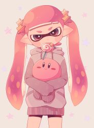  1girl bike_shorts black_shorts blunt_bangs blush_stickers candy commentary_request cowboy_shot creature crossover drawstring eating fang food food_in_mouth grey_background grey_hoodie hair_ornament holding holding_creature hood hood_down hoodie inkling inkling_girl inkling_player_character invincible_candy kirby kirby_(series) lollipop long_hair long_sleeves ma-to mouth_hold pink_hair pointy_ears shorts sleeves_past_fingers sleeves_past_wrists solo splatoon_(series) star_(symbol) star_hair_ornament star_in_eye star_symbol_background swirl_lollipop symbol_in_eye tentacle_hair twintails violet_eyes 