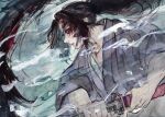  1boy black_hair colored_sclera commentary_request cpctbepfk4l2gax extra_eyes facial_mark fighting_stance floating_hair from_side highres japanese_clothes kimetsu_no_yaiba kimono kokushibou long_hair long_sleeves looking_away male_focus multicolored_hair painting_(medium) parted_lips profile ready_to_draw red_sclera redhead solo streaked_hair traditional_media upper_body visible_air watercolor_(medium) 