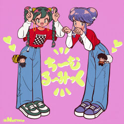  2girls artist_name blue_pants braid charm_(object) crossover double_bun earrings fang green_eyes hair_bun heart highres horns jewelry lum moroboshi_ataru multiple_girls norixio oni open_mouth pants paw_pose pink_background purple_hair ranma_1/2 red_shirt saotome_ranma shampoo_(ranma_1/2) shirt simple_background smile twin_braids urusei_yatsura violet_eyes 