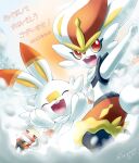  2023 cinderace closed_eyes covered_mouth half-closed_eyes hand_in_pocket hands_up highres open_mouth pokemon pokemon_(creature) raboot red_eyes sasabunecafe scarf scorbunny snow snowball teeth tongue twitter_username upper_teeth_only 