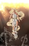  1boy aged_up apparition blonde_hair brown_background dress elden_ring floating floating_hair gold hair_flowing_over highres ittybittyfuck jewelry light_rays long_hair miquella_(elden_ring) signature translucent very_long_hair white_dress white_eyes 