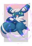  :d artist_name blue_sclera border colored_sclera commentary_request energy fang full_body gradient_background green_eyes highres looking_at_viewer meowstic meowstic_(male) no_humans nullma open_mouth outside_border pokemon pokemon_(creature) signature simple_background smile white_border 