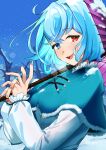  1girl aqua_capelet aqua_hair aqua_vest blue_eyes blush buttons capelet day fingernails heterochromia highres holding holding_umbrella long_sleeves oil-paper_umbrella open_mouth red_eyes shirt short_hair smile solo tatara_kogasa touhou umbrella upper_body urizaku3 white_shirt 