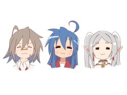  3girls :3 =_= ahoge bandaid bandaid_on_cheek bandaid_on_face bandaid_on_nose blue_hair bluearcadegames blush brown_hair closed_eyes closed_mouth collared_shirt cropped_shoulders do_it_yourself!! dot_nose earrings elf facing_viewer frieren grey_hair hair_between_eyes izumi_konata jewelry long_hair lucky_star mole mole_under_eye multiple_girls parted_bangs pointy_ears red_sailor_collar sailor_collar shirt short_eyebrows short_hair sidelocks simple_background sousou_no_frieren twintails white_background white_shirt yua_serufu 