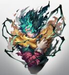  1boy artist_name bangs black_whip_(boku_no_hero_academia) blurry boku_no_hero_academia cape chromatic_aberration commentary cropped_torso curly_hair depth_of_field electricity eyes_in_shadow floating_cape floating_clothes floating_hair freckles gloves glowing glowing_eyes gradient_background green_eyes green_hair green_mask green_pupils grey_background hair_between_eyes hand_up highres light_particles looking_at_viewer male_focus mask mecyo_(mamezurushiki) midoriya_izuku official_alternate_costume scar scar_on_face short_hair soft_focus split_theme spoilers torn_cape torn_clothes torn_gloves torn_mask torn_sleeve upper_body white_background white_gloves 
