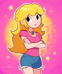  1girl blonde_hair crossed_arms highres jewelry long_hair necklace pink_background pink_lips pink_shirt princess_peach shirt short_shorts shorts simple_background star_(symbol) super_mario_bros. two-tone_background vinny_(dingitydingus) watermark yellow_background 