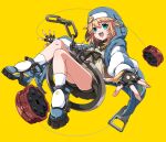 1girl androgyne_symbol aqua_eyes bike_shorts bike_shorts_under_skirt blonde_hair bridget_(guilty_gear) cuffs fingerless_gloves gloves guilty_gear guilty_gear_strive habit handcuffs highres homazuun hood hood_up hooded_jacket hoodie jacket long_sleeves looking_at_viewer medium_hair open_clothes open_hoodie open_mouth puffy_long_sleeves puffy_sleeves yellow_background yo-yo