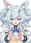  1girl absurdres animal animal_ear_fluff black_choker blue_bow blue_eyes bow bowtie choker collared_shirt commentary_request girls_frontline grey_hair hair_between_eyes hair_ornament heart heart-shaped_pupils heart_hands highres laomotou long_hair long_sleeves looking_at_viewer messy_hair official_alternate_costume open_mouth pa-15_(girls&#039;_frontline) pa-15_(high_school_thrills)_(girls&#039;_frontline) shirt simple_background smile solo straight-on symbol-shaped_pupils twintails upper_body vest white_background white_shirt 