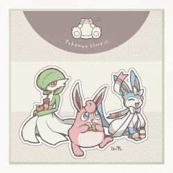  1girl :3 ^_^ alternate_color apple artist_name berry_(pokemon) blue_bow blue_bowtie blue_eyes bob_cut border bottle bow bowtie character_cutout closed_eyes colored_skin commentary_request copyright_name ear_bow english_text fang flat_chest food fruit full_body gardevoir green_hair green_skin grey_border hair_over_one_eye happy highres holding holding_bottle holding_food holding_fruit honey ikuya_(mzns198) looking_at_another looking_to_the_side milk milk_bottle moomoo_milk multicolored_skin no_mouth one_eye_covered open_mouth outline pecha_berry pokemon pokemon_(creature) pokemon_sleep red_eyes ribbon shiny_pokemon short_hair signature sitting smile snorlax standing sylveon traditional_bowtie two-tone_skin white_outline white_ribbon white_skin wigglytuff 