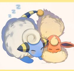  animal_focus blush closed_eyes closed_mouth commentary_request flareon highres hokaimo_pkmn lying mareep no_humans pokemon pokemon_(creature) sleeping smile twitter_username zzz 