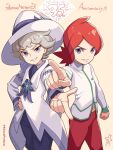  2boys alternate_color anniversary bangs bede_(champion)_(pokemon) bede_(pokemon) blonde_hair clenched_hand coat commentary_request copyright_name curly_hair grin hand_on_hip hat highres jacket kinocopro long_hair male_focus multiple_boys pants parted_lips pointing pokemon pokemon_(game) pokemon_masters_ex red_pants redhead short_hair silver_(pokemon) smile teeth twitter_username violet_eyes watermark white_coat white_headwear white_jacket wizard_hat 