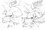  absurdres animal_focus arrow_(symbol) closed_mouth commentary_request from_side furrowed_brow greyscale highres hisuian_samurott monochrome multiple_views no_humans partial_commentary pokemon pokemon_(creature) profile scar scar_across_eye scratches sketch tamanosuke translation_request 