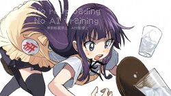  1girl badge black_hair black_thighhighs blunt_bangs cup dojikko drinking_glass highres long_hair open_mouth shiro_srmsk simple_background solo spill teeth thigh-highs tray tsurime upper_teeth_only v-shaped_eyebrows violet_eyes wagnaria_uniform waitress watermark white_background working!! yamada_aoi 