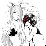  2boys adam_(show_by_rock!!) animal_ears black_hair eve_(show_by_rock!!) extra_ears goat_boy goat_ears goat_horns hair_over_one_eye highres horns long_hair looking_at_viewer male_focus mel6969 multicolored_hair multiple_boys one_eye_covered open_mouth orange_eyes red_eyes redhead short_hair show_by_rock!! smile teeth white_background white_hair wolf_boy wolf_ears 