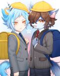  2boys aged_down animal_ears backpack bag blue_hair brown_hair colored_sclera furry highres horns horse_ears horse_tail kintaurus_(show_by_rock!!) long_sleeves looking_at_viewer male_child male_focus mel6969 multiple_boys orange_eyes red_eyes short_hair show_by_rock!! single_horn tail titan_(show_by_rock!!) unicorn_boy werewolf yellow_sclera 