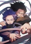  2boys bags_under_eyes black_hair black_shirt bloodshot_eyes blurry blurry_foreground boku_no_hero_academia bright_pupils chromatic_aberration clothes_grab commentary_request depth_of_field eraser_head_(boku_no_hero_academia) facial_hair film_grain fingernails floating_hair floating_scarf forehead foreshortening furrowed_brow goggles goggles_around_neck hair_slicked_back hands_up high_collar highres long_hair long_scarf long_sleeves looking_at_viewer lower_teeth_only male_focus mask mask_around_neck mouth_mask multiple_boys nakamu_405 open_mouth outstretched_arm outstretched_hand partial_commentary pixiv_username purple_hair sanpaku scar scar_on_face scarf shadow shinsou_hitoshi shirt short_hair simple_background stubble symmetrical_hand_pose teeth track_suit twitter_username u.a._gym_uniform upper_body v-shaped_eyebrows violet_eyes white_background white_pupils white_scarf 