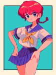  1girl blue_eyes blue_sailor_collar blue_skirt braid braided_ponytail hair_between_eyes highres legs looking_at_viewer ranma-chan ranma_1/2 redhead ribbon sailor_collar sanamaru_(sana79261827) shirt skirt solo white_shirt yellow_ribbon 