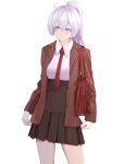  1girl absurdres bag bangs beijiushui black_skirt blue_eyes breasts brown_jacket closed_mouth collared_shirt grey_hair hair_between_eyes handbag highres honkai_(series) honkai_impact_3rd jacket kiana_kaslana long_hair long_sleeves necktie open_clothes open_jacket pleated_skirt ponytail red_necktie shirt simple_background skirt small_breasts solo standing very_long_hair white_background white_shirt 